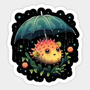 Puffer Fish Rainy Day With Umbrella Sticker